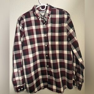 Express Men's Plaid Shirt - Burgundy and Black Size Large